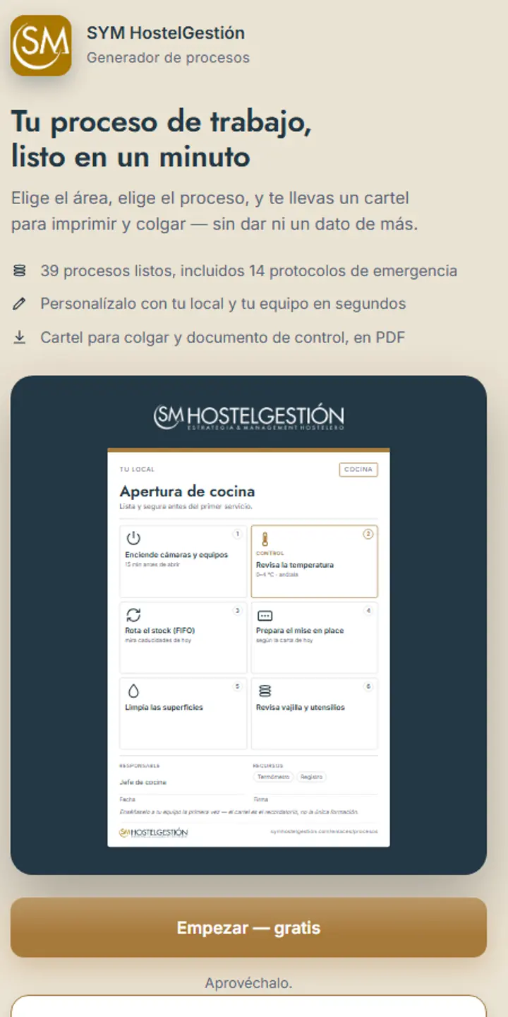 Generador de procesos de SYM HostelGestión abierto en el móvil, con la vista previa de un cartel de apertura de cocina y el botón de empezar gratis.