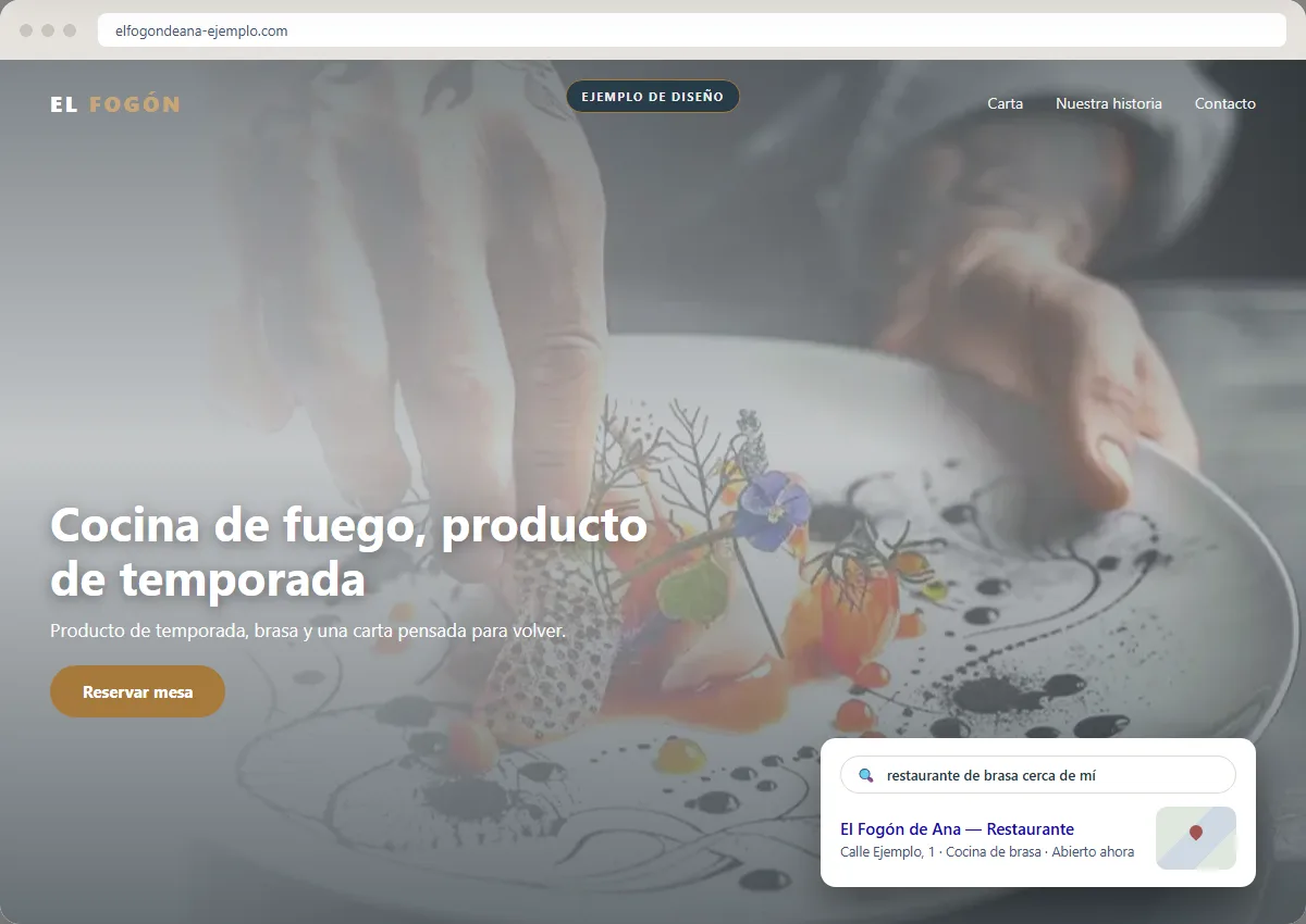 Ejemplo de diseño de web para restaurante con su resultado en Google. Restaurante ficticio: los datos son de muestra.