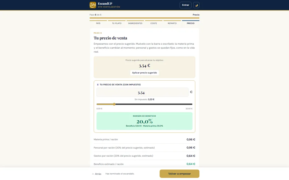 Paso 6 de la calculadora de escandallos de EscandUP con una tortilla de patatas: precio sugerido de 3,54 €, barra para mover el precio, semáforo con el margen de beneficio y el desglose de materia prima, personal y gastos por ración.