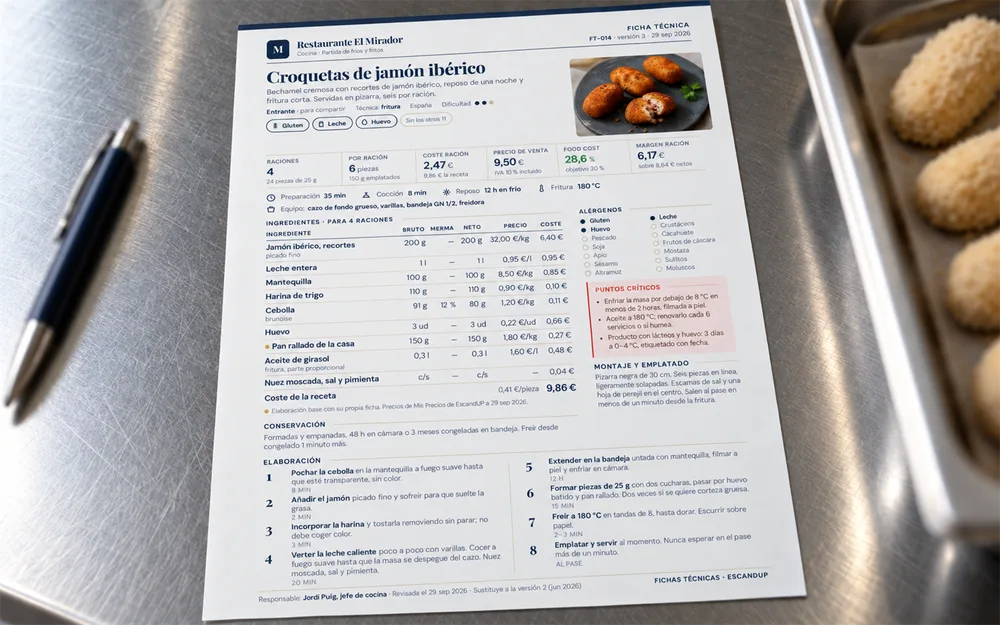 Ficha técnica de croquetas de jamón ibérico impresa en A4 sobre el pase de acero de una cocina profesional, con un bolígrafo y una bandeja de croquetas al lado: cabecera del restaurante, raciones, coste, precio de venta, food cost y margen, tiempos, equipo, ingredientes con mermas, alérgenos, puntos críticos, montaje y elaboración paso a paso.