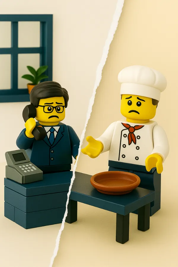 Cinco figuras LEGO® con señales en diferentes direcciones simbolizando la falta de visión común entre oficinas centrales y restaurantes.
