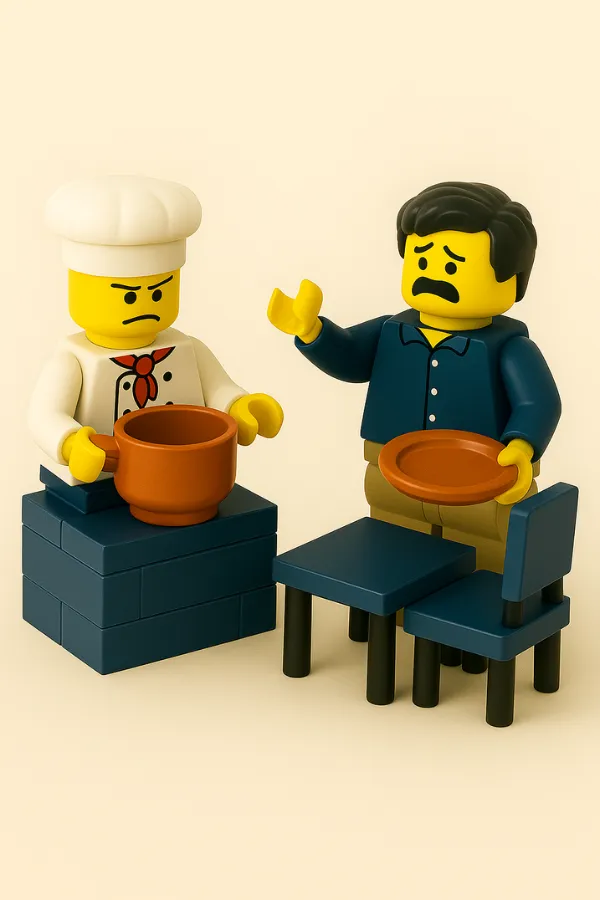 Falta de coordinación entre cocina y sala representada con figuras LEGO®. Escena simbólica de LEGO® SERIOUS PLAY® que ilustra un problema común en hostelería.