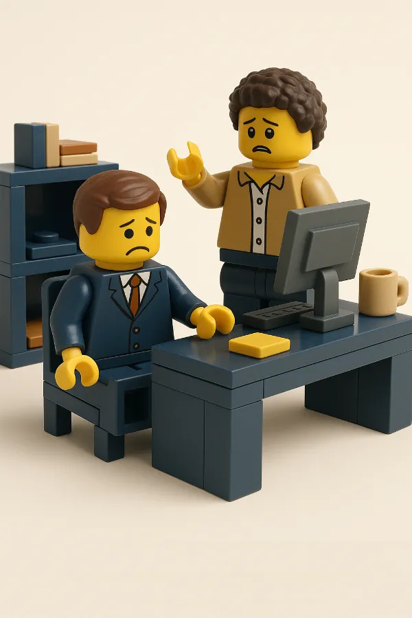 Dos figuras LEGO® preocupadas frente a un ordenador en una oficina, entorno laboral desmotivado que refleja un employer branding débil.