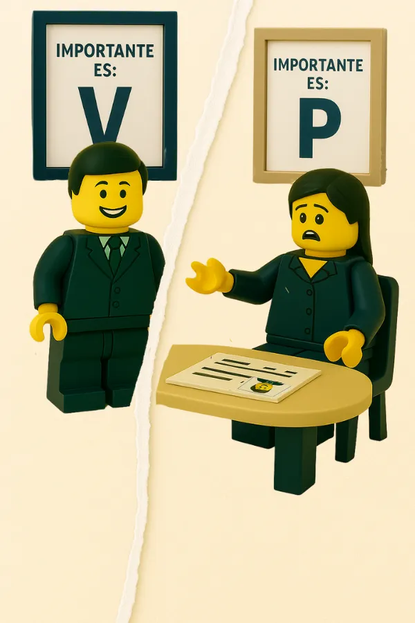 Dos figuras LEGO® separadas por una línea muestran carteles con mensajes distintos, reflejando la falta de alineación entre departamentos.