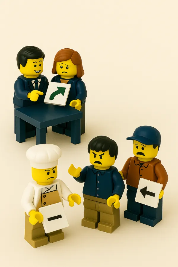 Fotografía rasgada por la mitad: dos figuras LEGO® separadas, una en oficina con teléfono y otra en cocina con expresión de frustración.