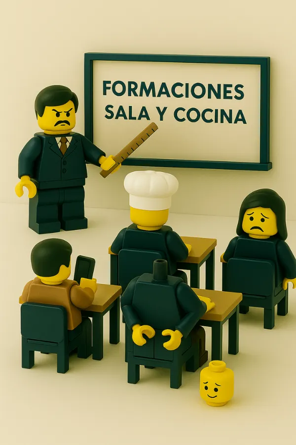 Figuras LEGO® en una clase pasiva con un instructor serio señalando una pizarra de formaciones de sala y cocina.