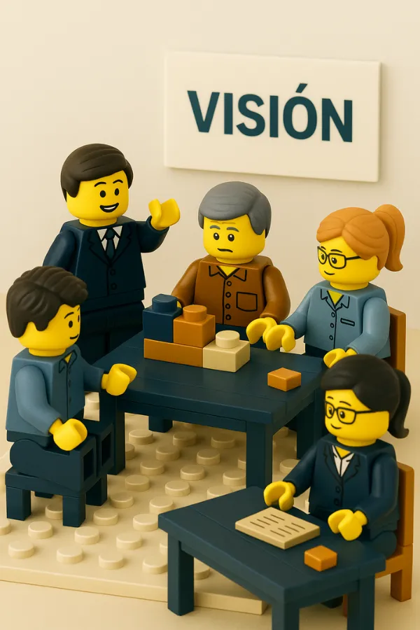 Grupo de figuras LEGO® alrededor de una mesa con bloques y un cartel con la palabra «Visión», proceso participativo de gestión del cambio.