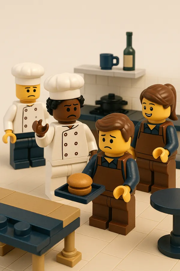 Escena de figuras LEGO® en una cocina: un nuevo trabajador con gesto de incertidumbre recibe indicaciones de un chef.