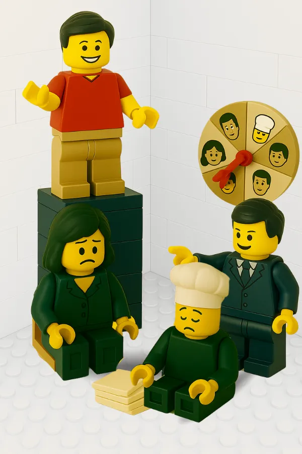 Escena LEGO® donde una figura es ascendida al azar mediante una ruleta mientras otras muestran frustración: promoción interna sin criterios objetivos.