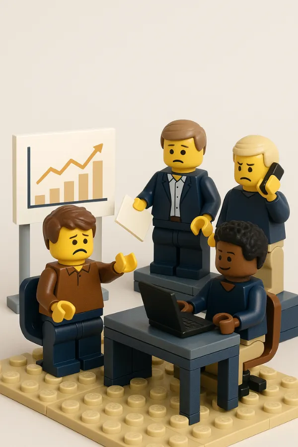 Grupo de profesionales con expresiones serias revisando resultados en pantalla, evidenciando falta de reconocimiento o espacios para feedback.
