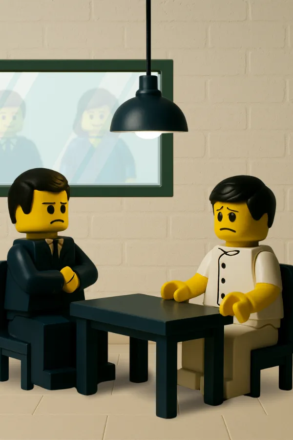 Dos figuras LEGO® en una entrevista de trabajo tensa bajo una lámpara, proceso de selección poco transparente y poco efectivo.